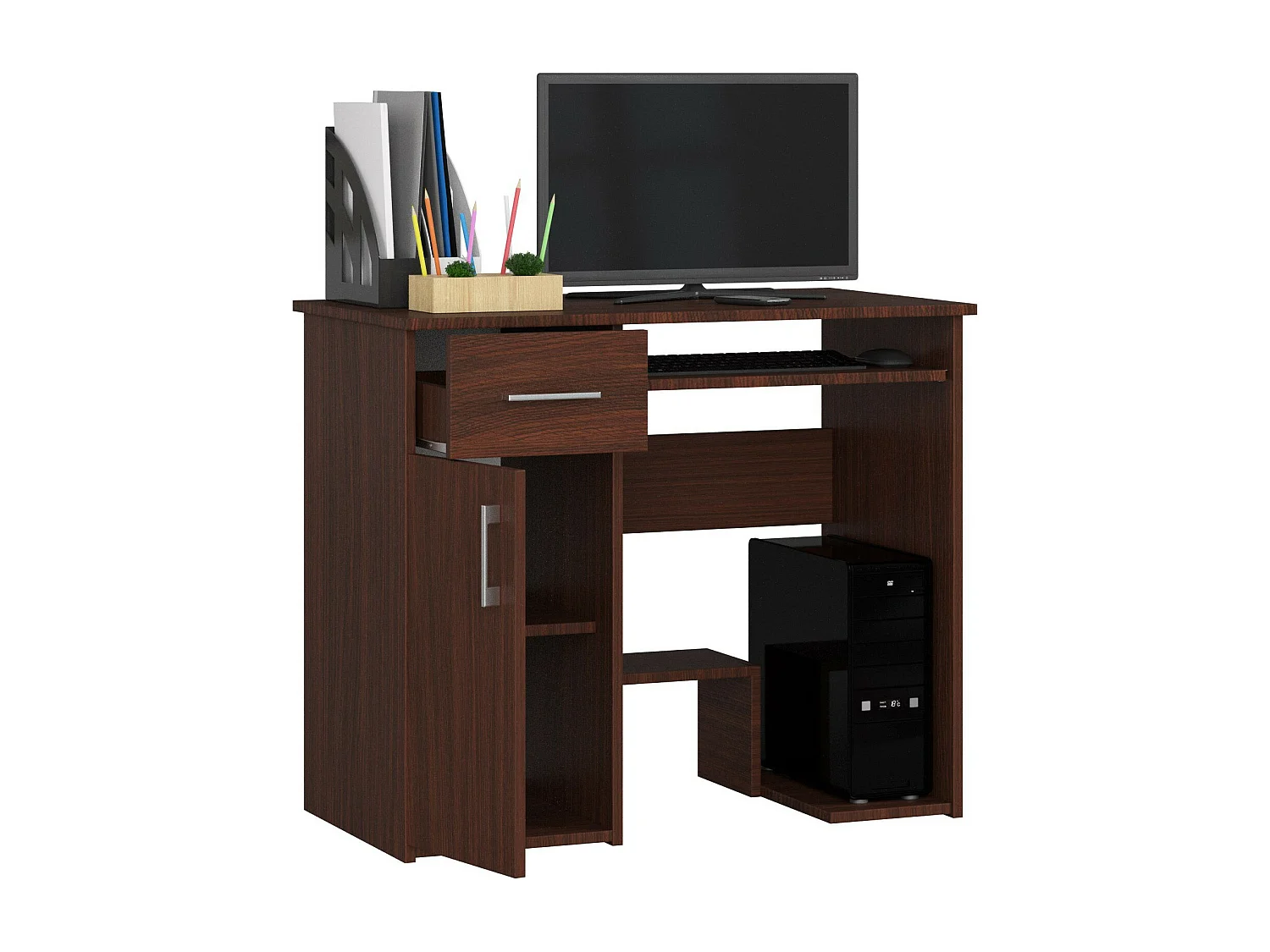 Klassiek Bureau JAY 90 cm met Wenge Finish - Met Één Lade en Drie Planken, Ideaal voor Kantoorgebruik, Inclusief Uitschuifbare Toetsenbordplank