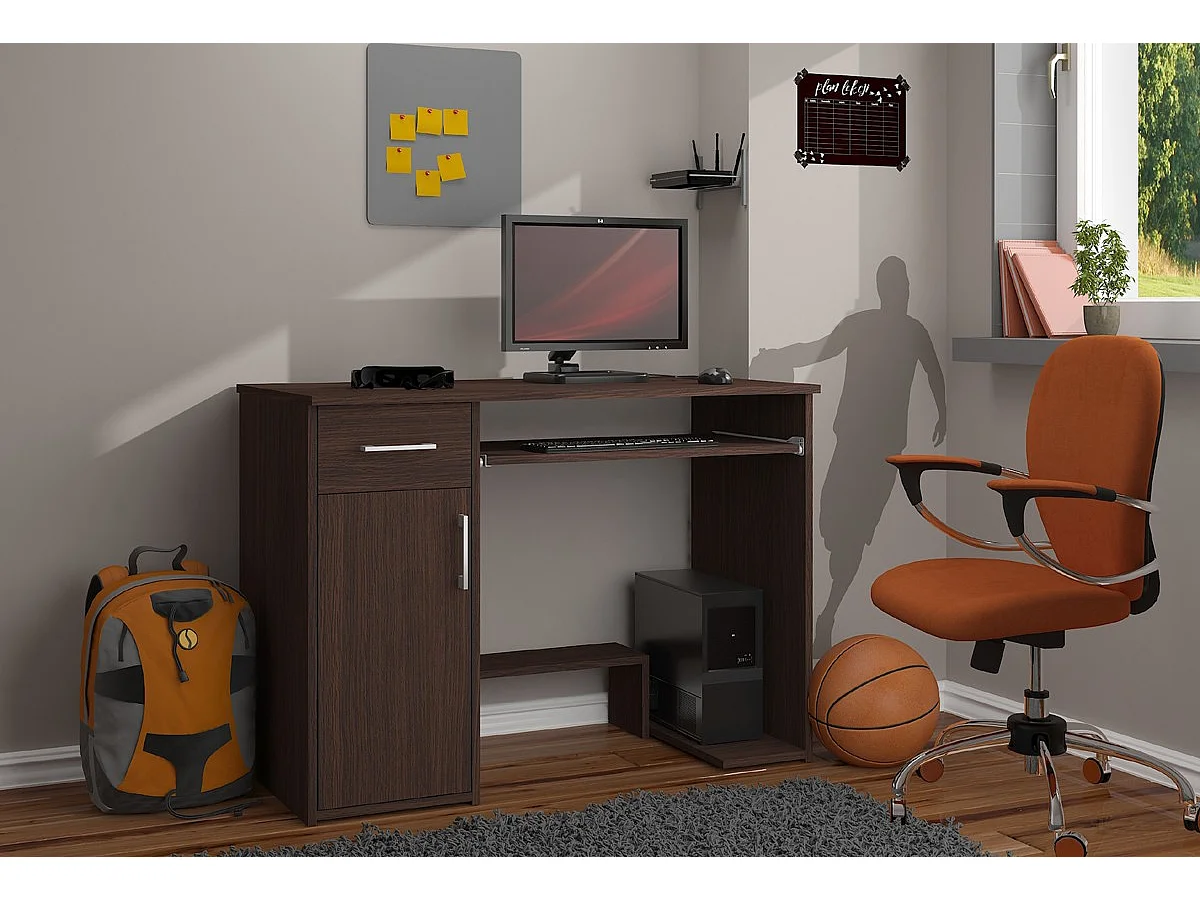 Bureau d'ordinateur AKORD JAY Wengé 90 cm 1 porte 1 tiroir façade Wengé 3 étagères 90x50x74 cm