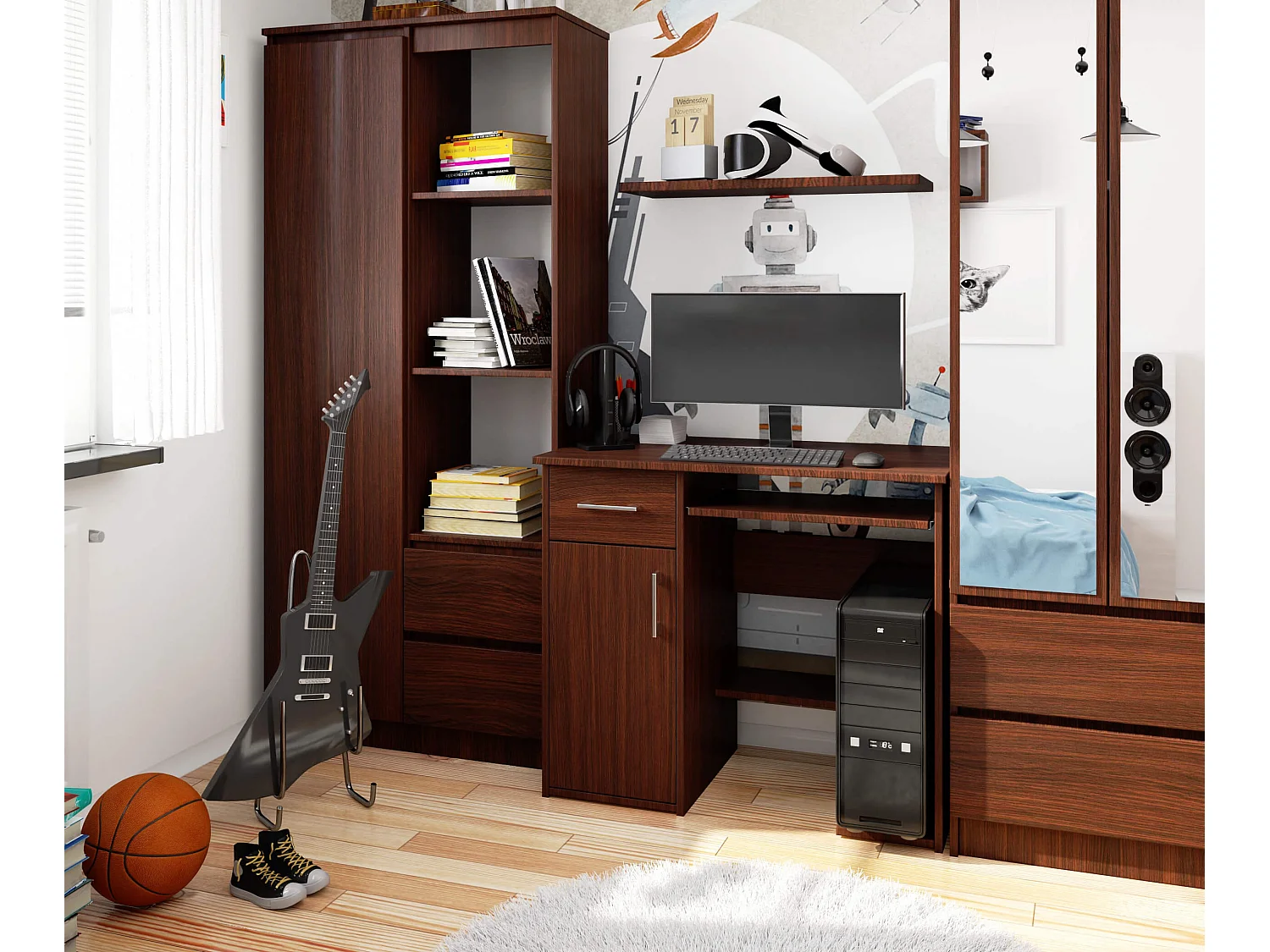 Bureau d'ordinateur AKORD JAY Wengé 90 cm 1 porte 1 tiroir façade Wengé 3 étagères 90x50x74 cm