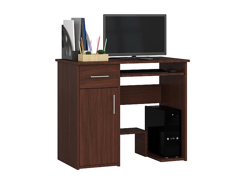 Bureau d'ordinateur AKORD JAY Wengé 90 cm 1 porte 1 tiroir façade Wengé 3 étagères 90x50x74 cm