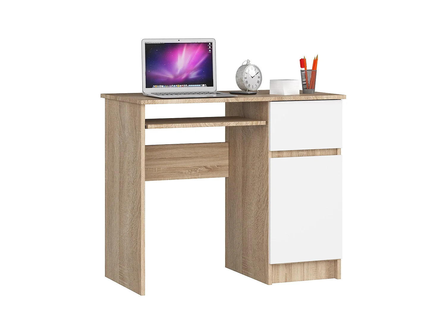 Bureau d'ordinateur AKORD droit PIKSEL Chêne Sonoma 90 cm 1 porte 1 tiroir façade Blanche 3 étagères 90x50x77 cm