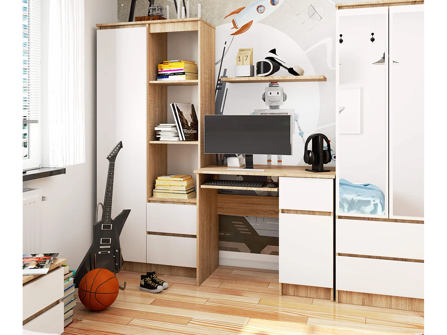 Bureau Rechts PIKSEL / Computerbureau / Computer Tafel / Bureautafel Rechts / Sonoma Eik - Wit / 90 x 77 x 50 cm