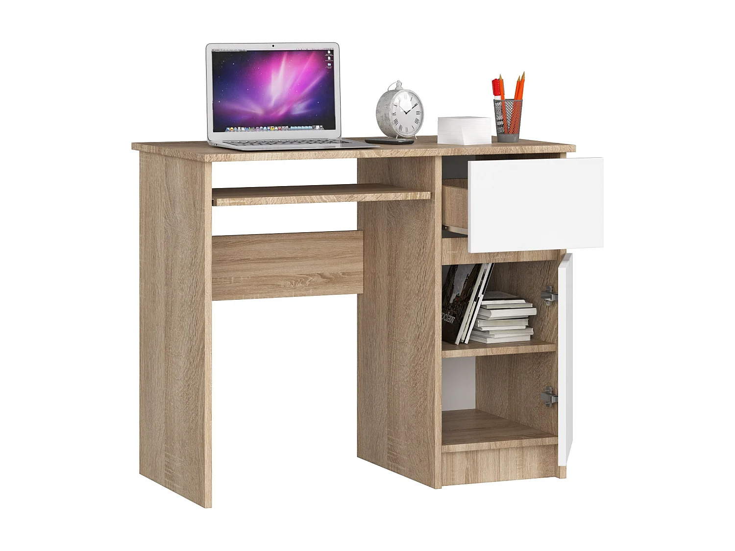 PC-Schreibtisch AKORD PIKSEL rechts in der Farbe Sonoma-Eiche Schublade Front Weiß und 3 Ablagen B90 x H77 x T50 cm