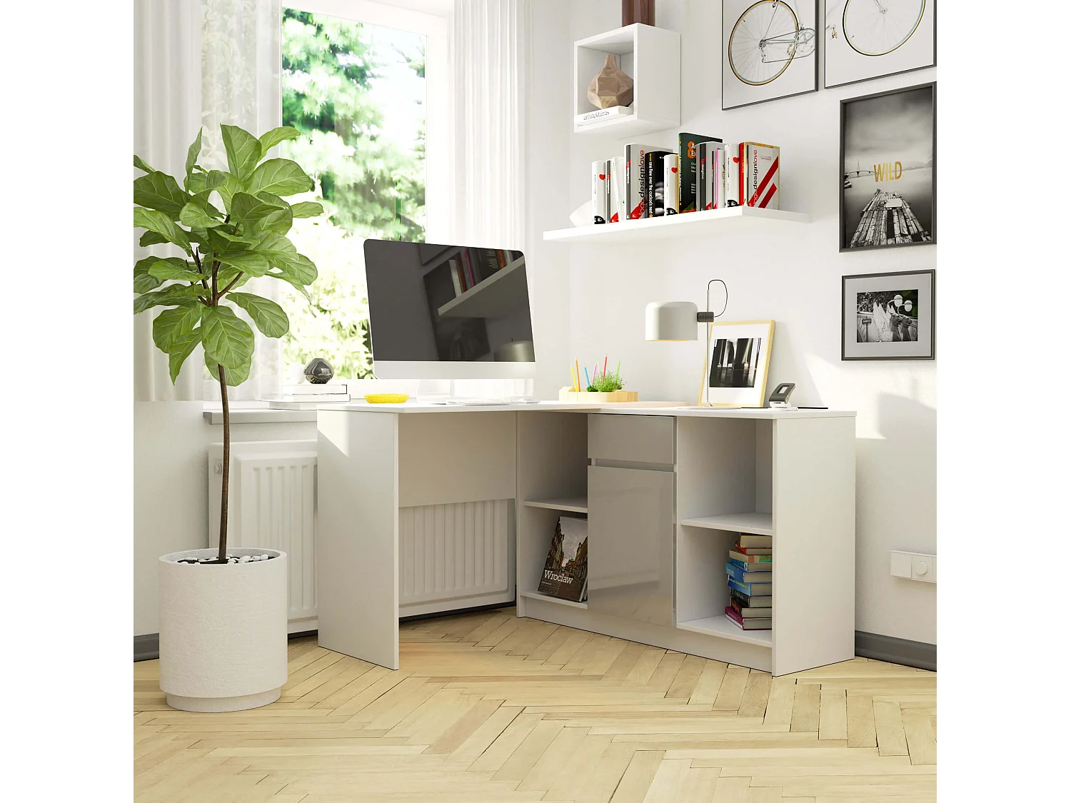 Ensemble d'angle AKORD bureau B17 avec commode Blanc 120 cm 1 porte 1 tiroir façade Métallique Brillant 6 étagères 120x126x79 cm