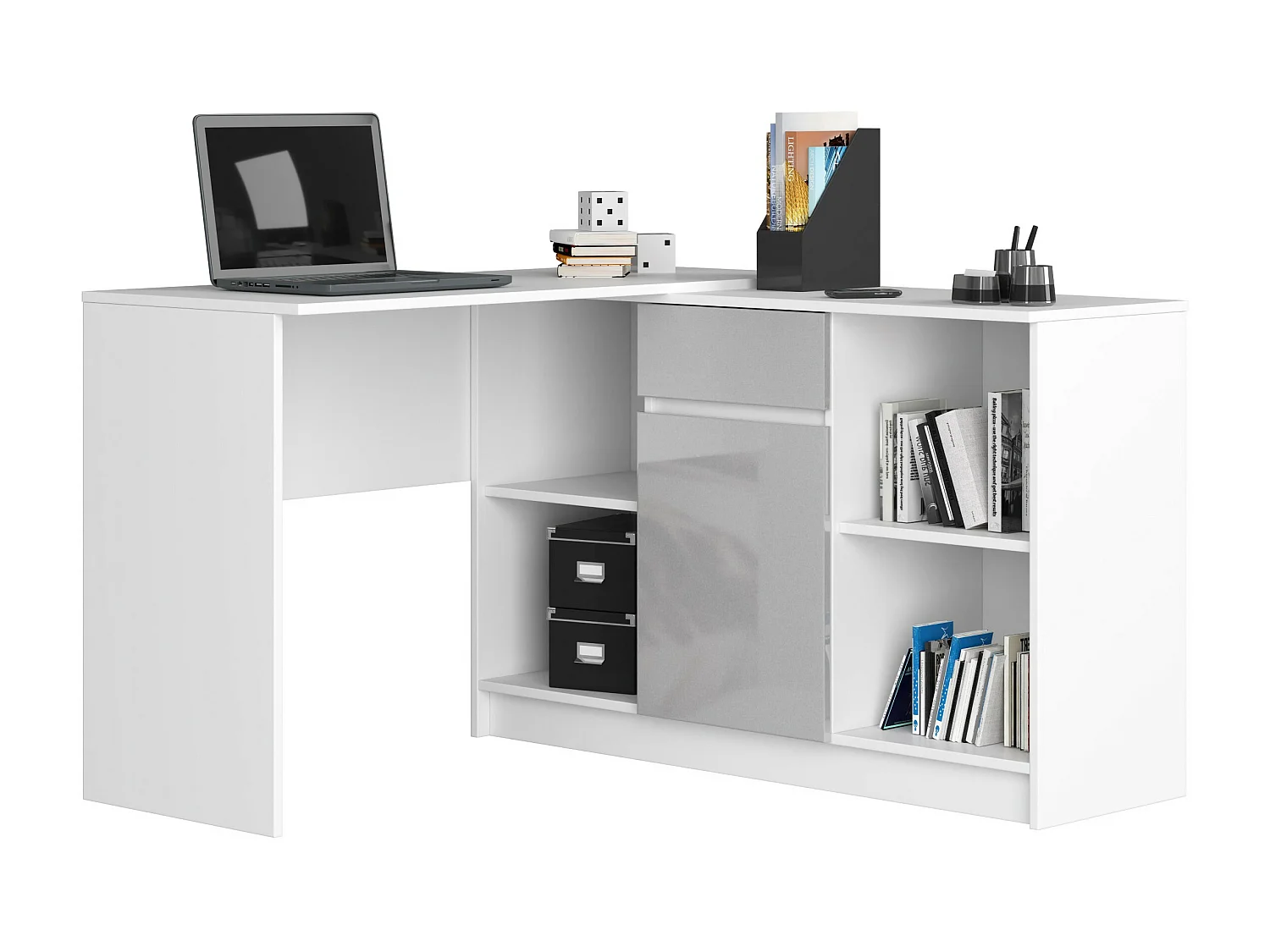 Ensemble d'angle AKORD bureau B17 avec commode Blanc 120 cm 1 porte 1 tiroir façade Métallique Brillant 6 étagères 120x126x79 cm