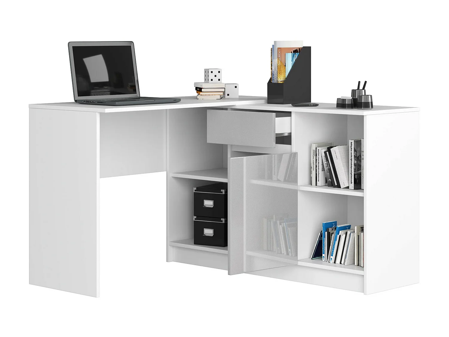 Ensemble d'angle AKORD bureau B17 avec commode Blanc 120 cm 1 porte 1 tiroir façade Métallique Brillant 6 étagères 120x126x79 cm