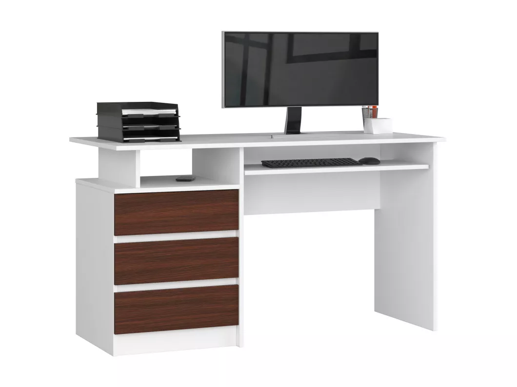 Kauf Unique PC-Schreibtisch AKORD CLP in der Farbe Weiß mit 3 Schubladen Front Wenge und 2 Ablagen B135 x H77 x T60 cm