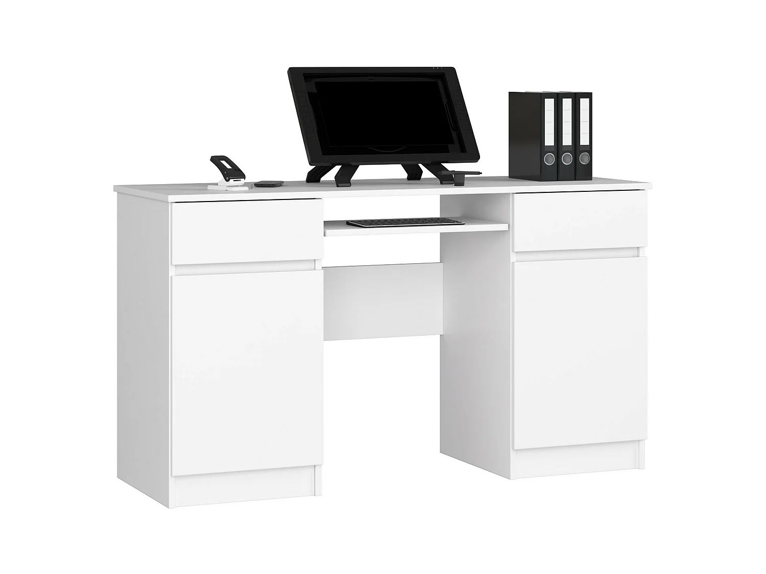 Bureau d'ordinateur AKORD A5 Blanc 135 cm 2 portes 2 tiroirs façade Blanche 5 étagères 135x50x77 cm