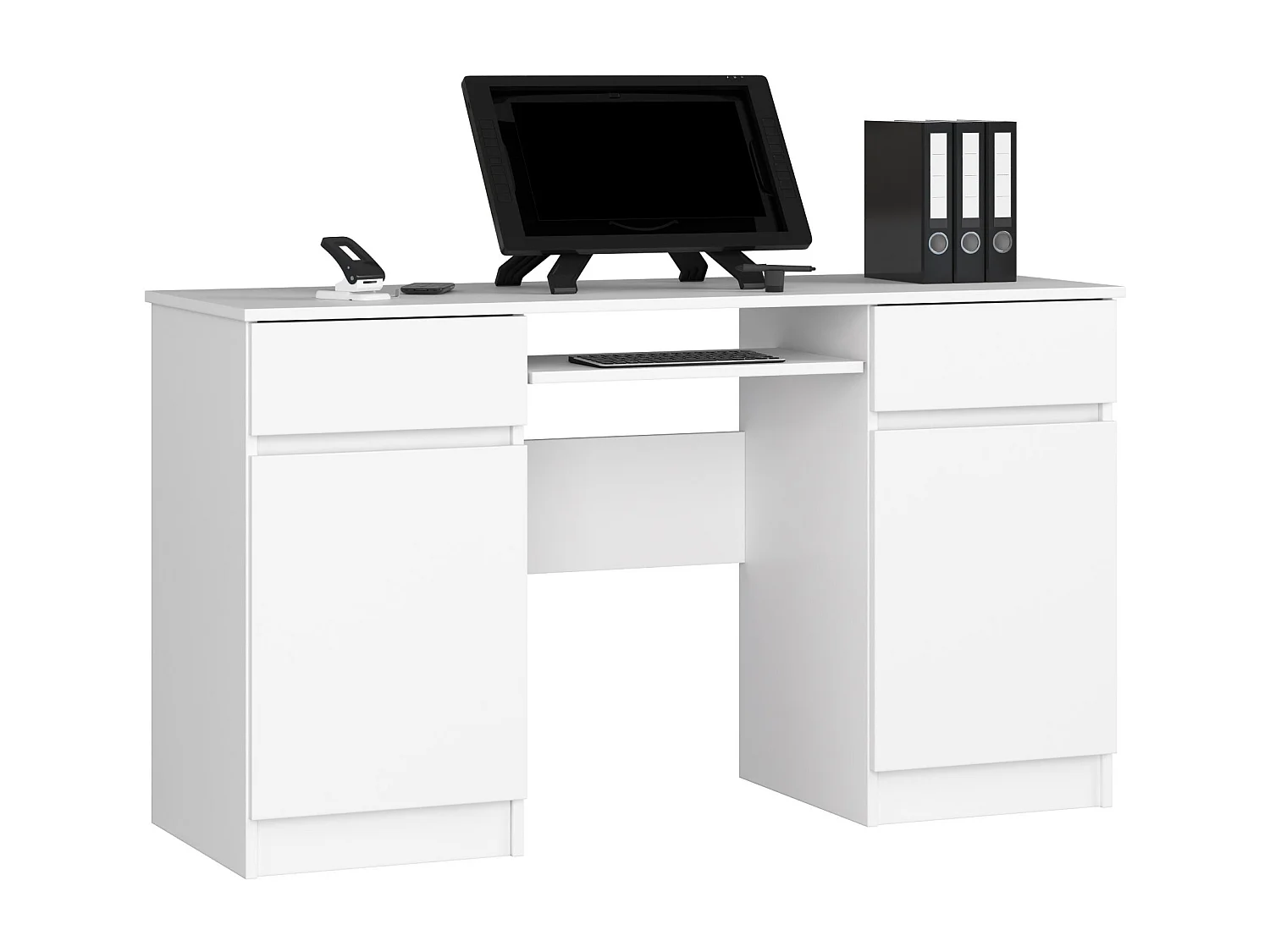 Escritorio de ordenador AKORD A5 Blanco 135 cm 2 puertas 2 cajones frente en color Blanco 5 estantes 135x50x77 cm