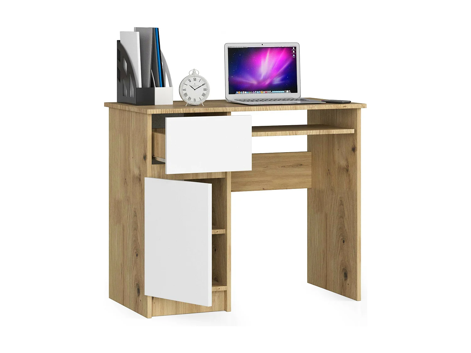 Computertafel PIKSEL Linkerzijde Artisan Eiken/Wit - Inclusief Uittrekbare Toetsenbordplank