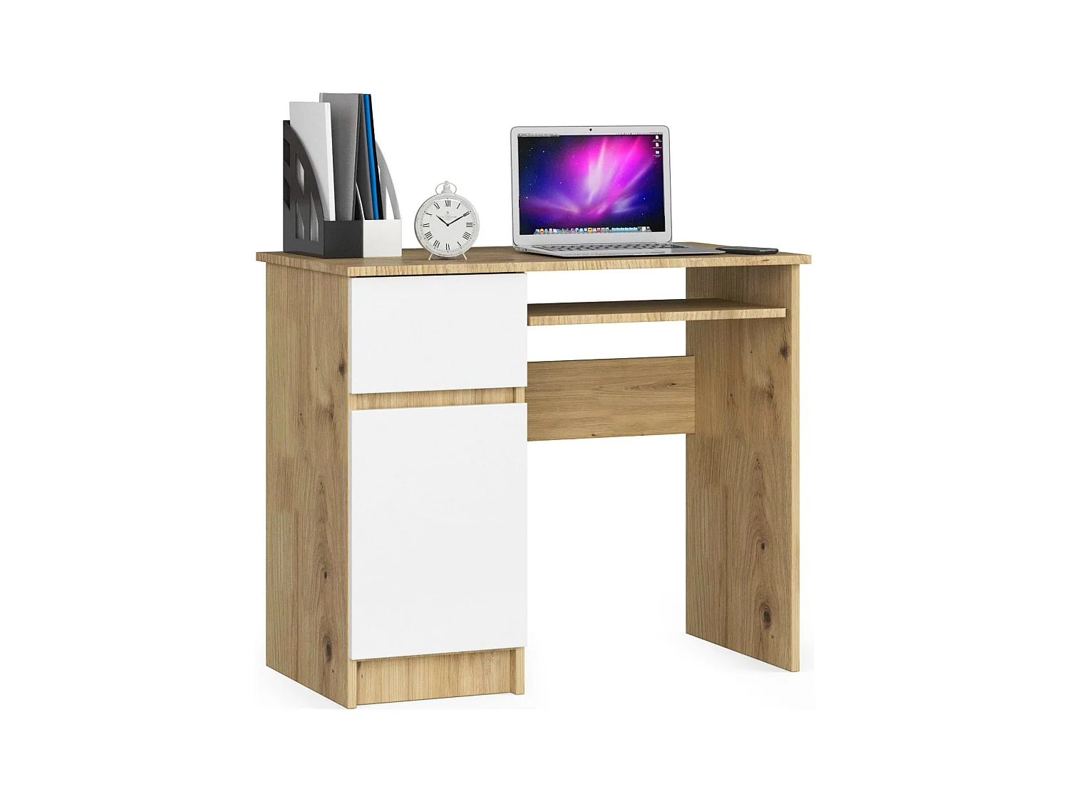 PC-Schreibtisch AKORD PIKSEL links in der Farbe Eiche Artisan Schublade Front Weiß und 3 Ablagen B90 x H77 x T50 cm