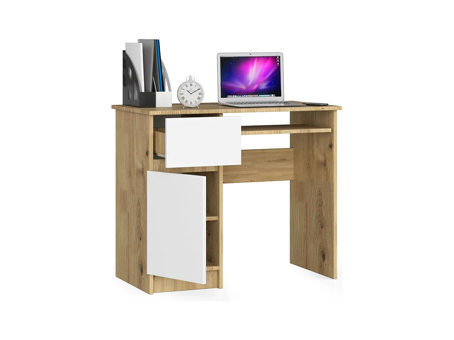 PC-Schreibtisch AKORD PIKSEL links in der Farbe Eiche Artisan Schublade Front Weiß und 3 Ablagen B90 x H77 x T50 cm