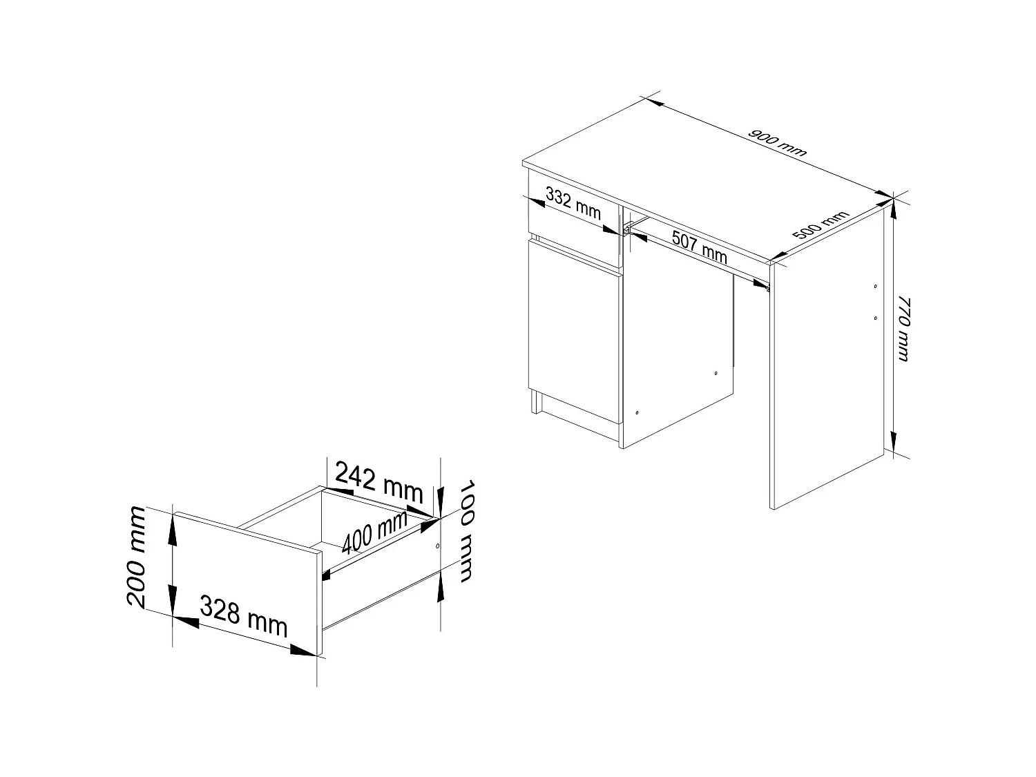 PC-Schreibtisch AKORD PIKSEL links in der Farbe Eiche Artisan Schublade Front Weiß und 3 Ablagen B90 x H77 x T50 cm