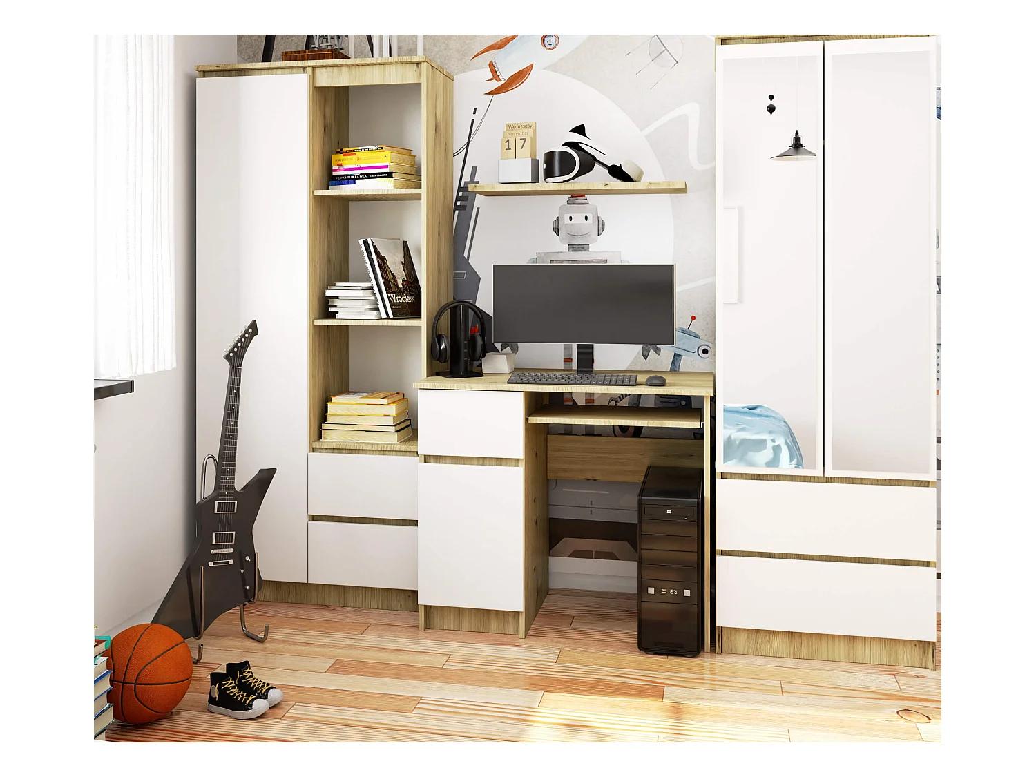PC-Schreibtisch AKORD PIKSEL links in der Farbe Eiche Artisan Schublade Front Weiß und 3 Ablagen B90 x H77 x T50 cm