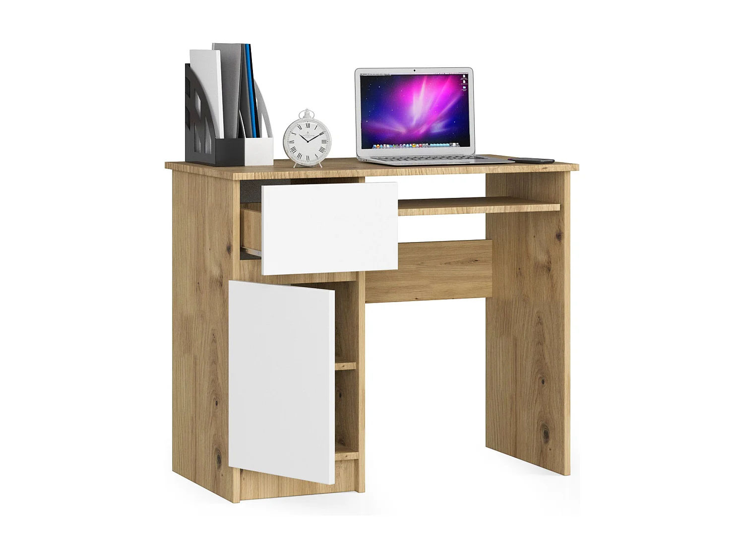 PC-Schreibtisch AKORD PIKSEL links in der Farbe Eiche Artisan Schublade Front Weiß und 3 Ablagen B90 x H77 x T50 cm