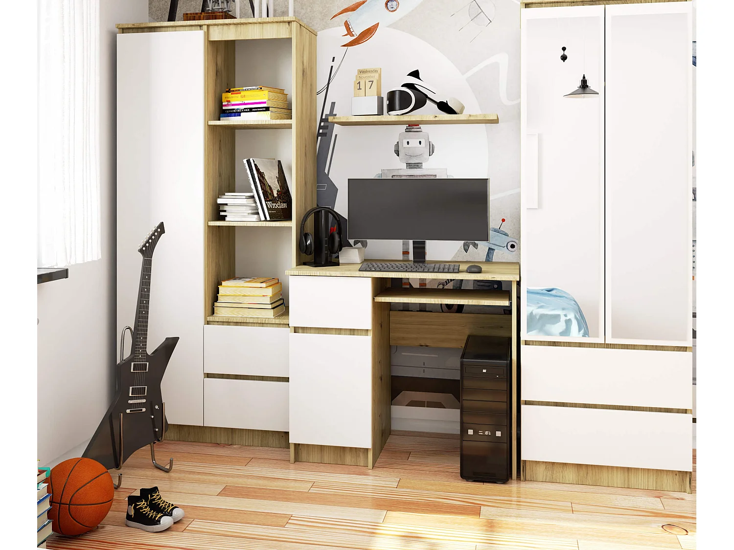 PC-Schreibtisch AKORD PIKSEL links in der Farbe Eiche Artisan Schublade Front Weiß und 3 Ablagen B90 x H77 x T50 cm