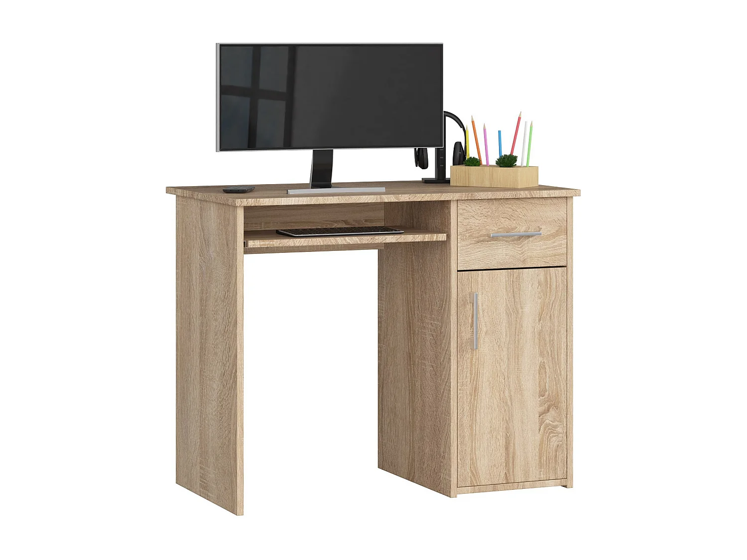 Bureau Sonoma Eiken met Uitneembaar Toetsenbordblad - 1 Lade en 1 Deur, 90cm Breed x 74cm Hoog x 50cm Diep, ABS Randafwerking, Zelfmontage, Klassiek Meubelontwerp