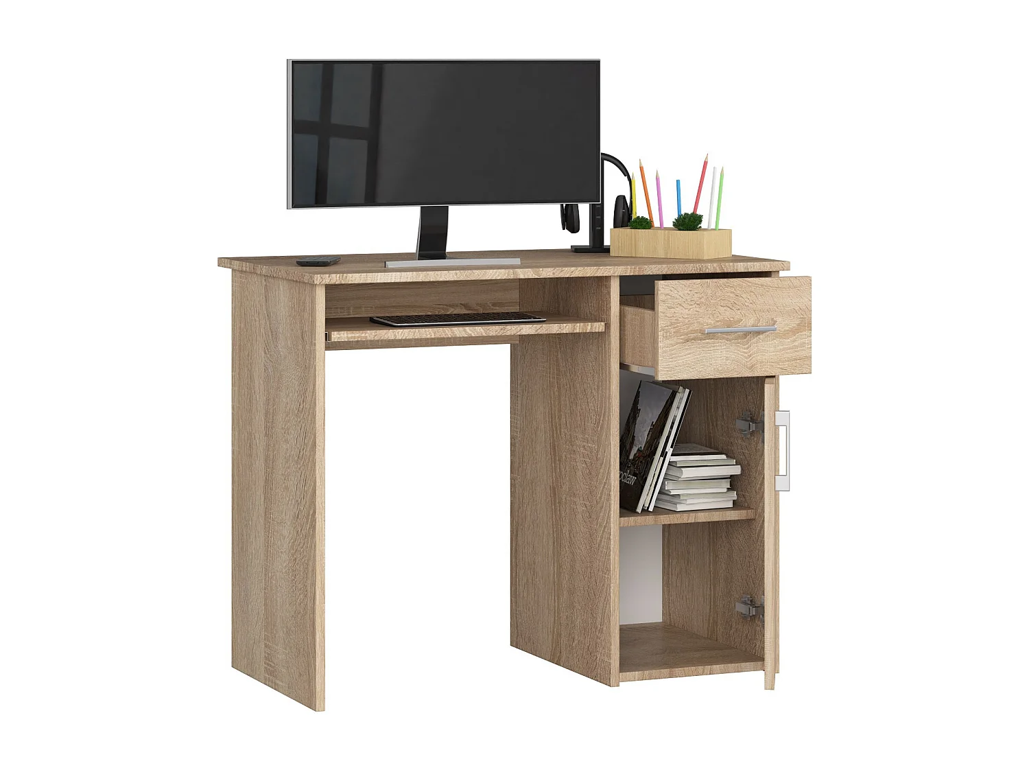 Bureau Sonoma Eiken met Uitneembaar Toetsenbordblad - 1 Lade en 1 Deur, 90cm Breed x 74cm Hoog x 50cm Diep, ABS Randafwerking, Zelfmontage, Klassiek Meubelontwerp