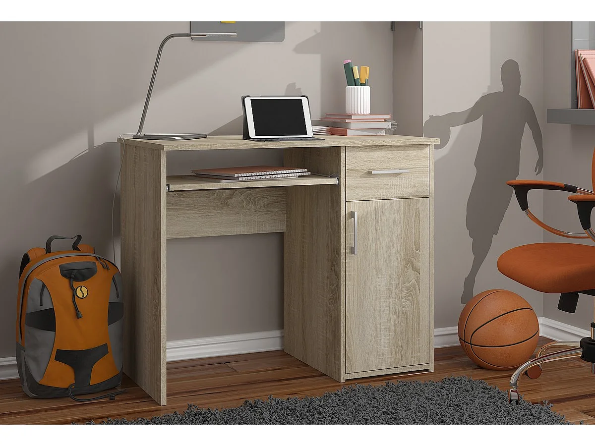 Bureau Sonoma Eiken met Uitneembaar Toetsenbordblad - 1 Lade en 1 Deur, 90cm Breed x 74cm Hoog x 50cm Diep, ABS Randafwerking, Zelfmontage, Klassiek Meubelontwerp