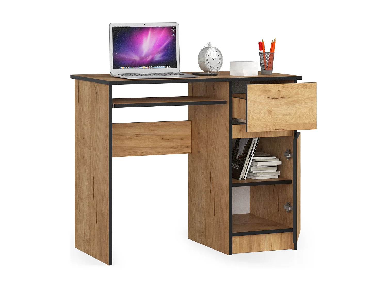Bureau d'ordinateur AKORD droit PIKSEL Chêne Craft 90 cm 1 porte 1 tiroir façade Chêne Craft 3 étagères 90x50x77 cm