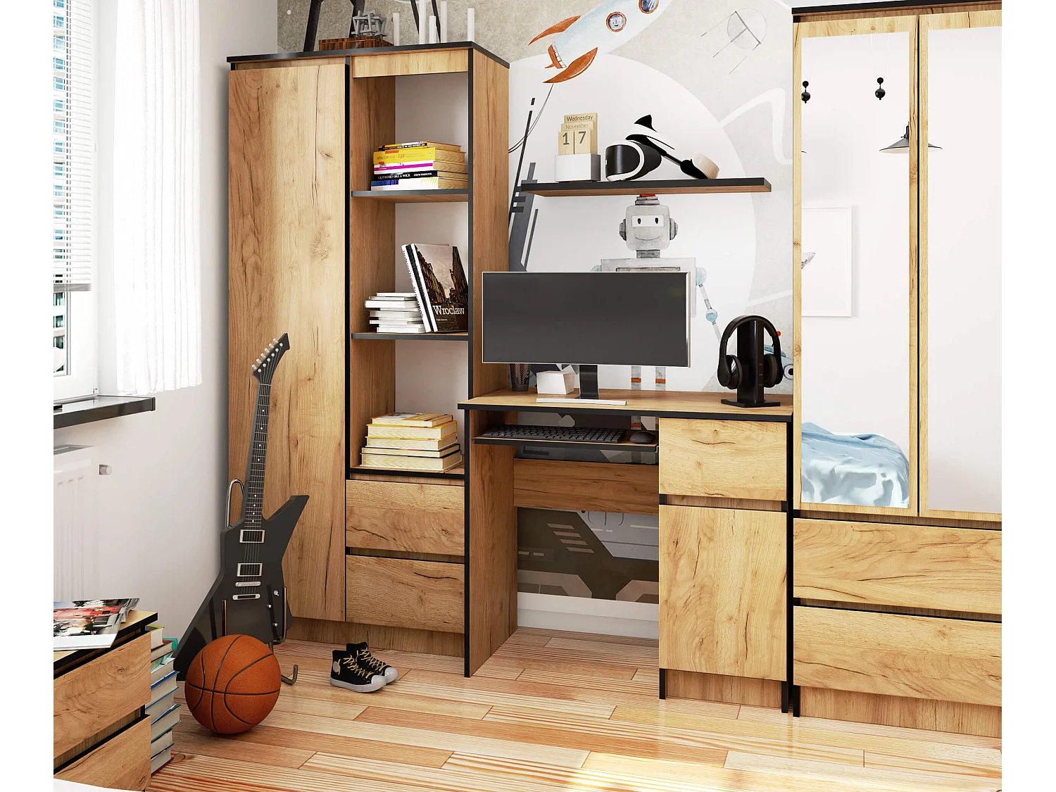 Bureau d'ordinateur AKORD droit PIKSEL Chêne Craft 90 cm 1 porte 1 tiroir façade Chêne Craft 3 étagères 90x50x77 cm