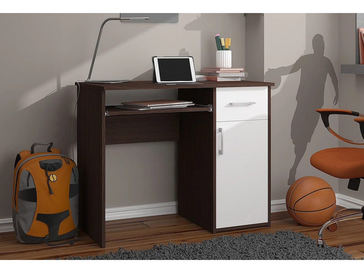 PC-Schreibtisch AKORD PIN in der Farbe Wenge Schublade Front Weiß und 3 Ablagen B90 x H74 x T50 cm