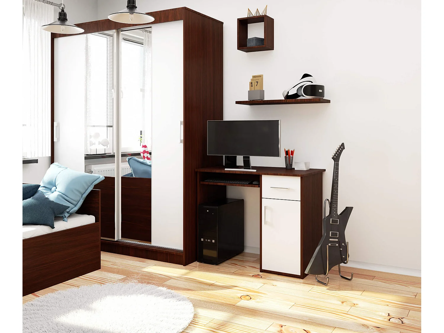 PC-Schreibtisch AKORD PIN in der Farbe Wenge Schublade Front Weiß und 3 Ablagen B90 x H74 x T50 cm