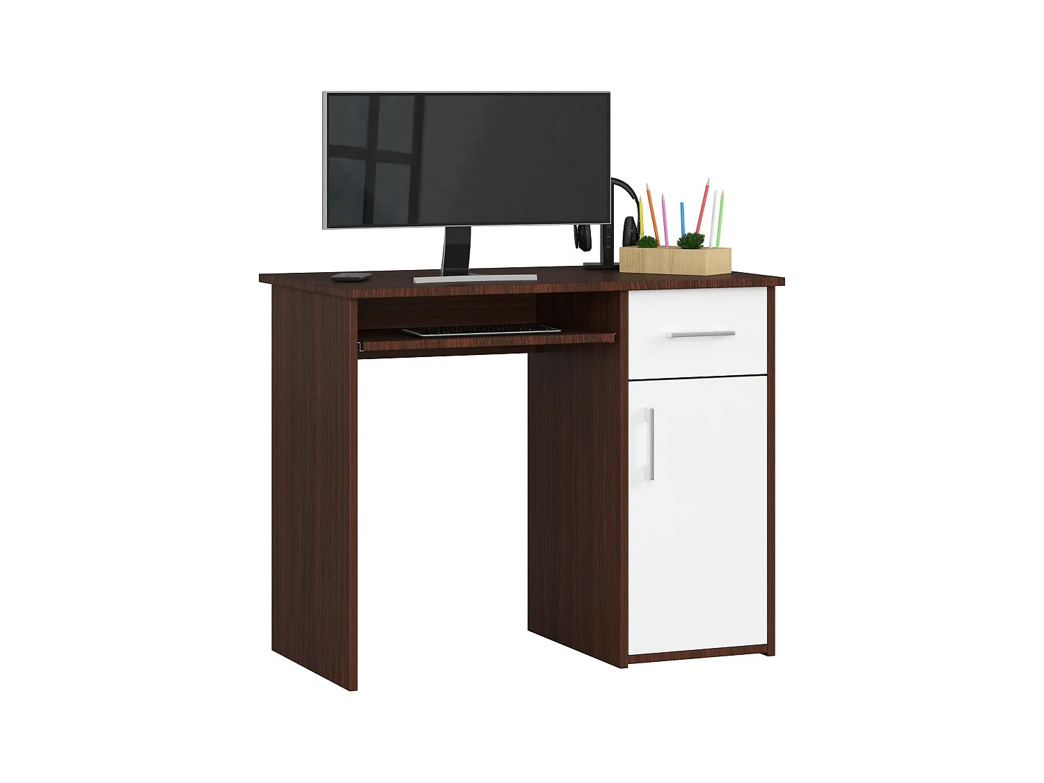 Bureau d'ordinateur AKORD PIN Wengé 90 cm 1 porte 1 tiroir façade Blanche 3 étagères 90x50x74 cm