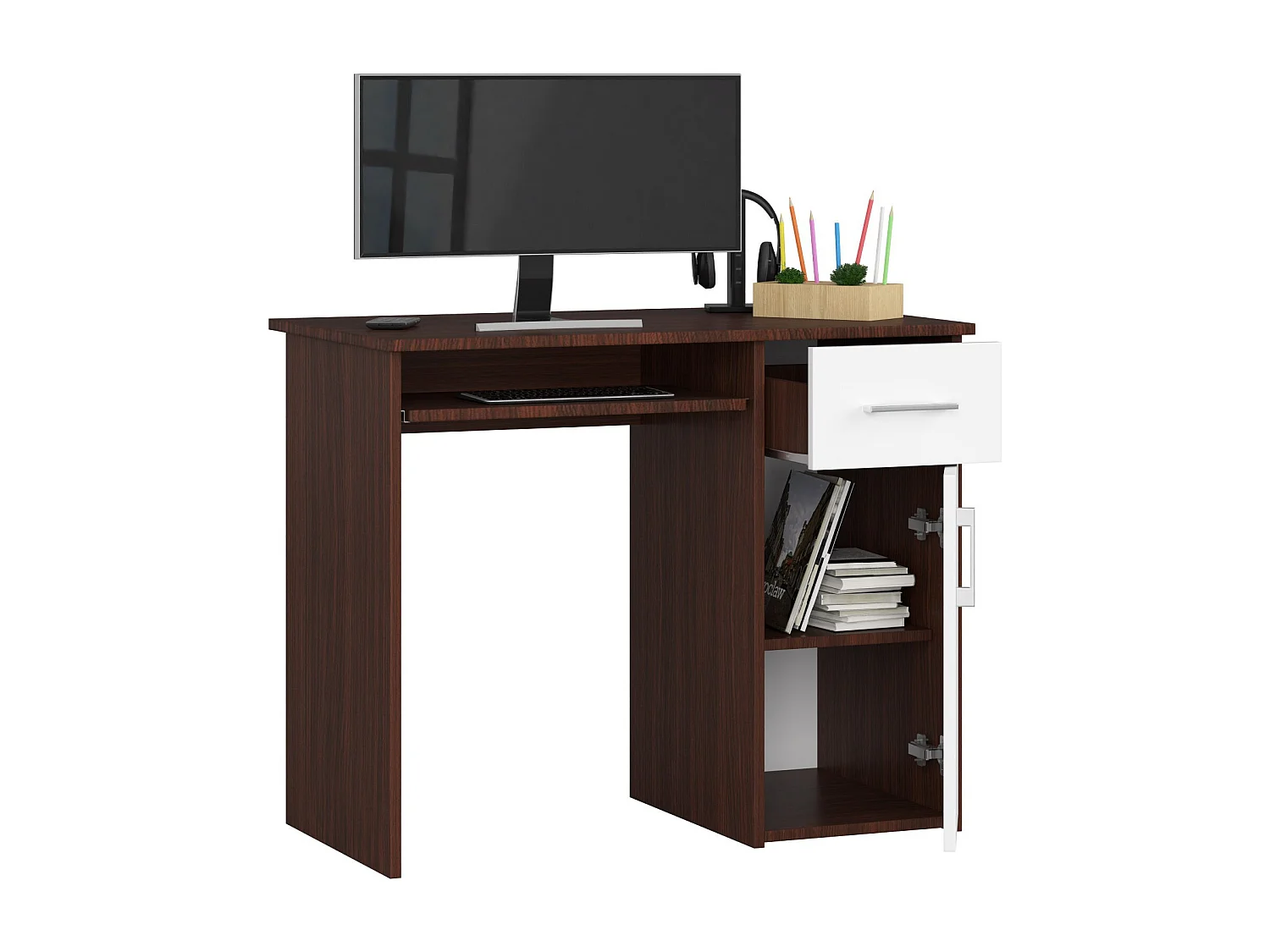 Klassiek Bureau Wenge-Wit met Uitschuifbare Toetsenbordlade en Opslagoplossingen, 90x74x50 cm, Laminaten Blad, Functioneel Design voor Woonkamer of Kantoor