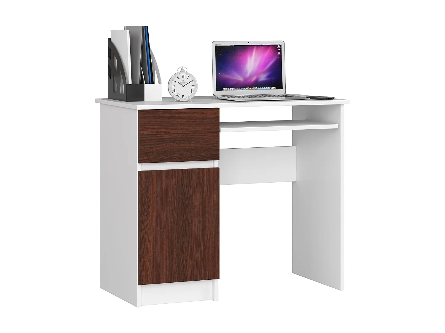 Bureau d'ordinateur AKORD gauche PIKSEL Blanc 90 cm 1 porte 1 tiroir façade Wengé 3 étagères 90x50x77 cm