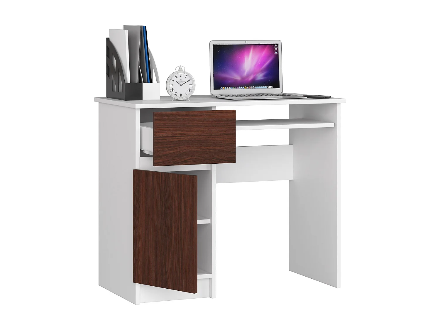 Bureau d'ordinateur AKORD gauche PIKSEL Blanc 90 cm 1 porte 1 tiroir façade Wengé 3 étagères 90x50x77 cm
