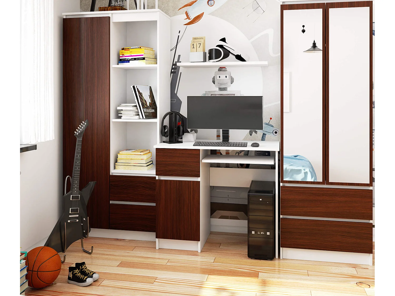 Bureau d'ordinateur AKORD gauche PIKSEL Blanc 90 cm 1 porte 1 tiroir façade Wengé 3 étagères 90x50x77 cm