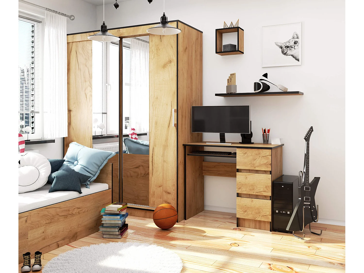 Bureau d'ordinateur AKORD droit A6 Chêne Craft 90 cm 3 tiroirs façade Chêne Craft 1 étagère 90x50x77 cm