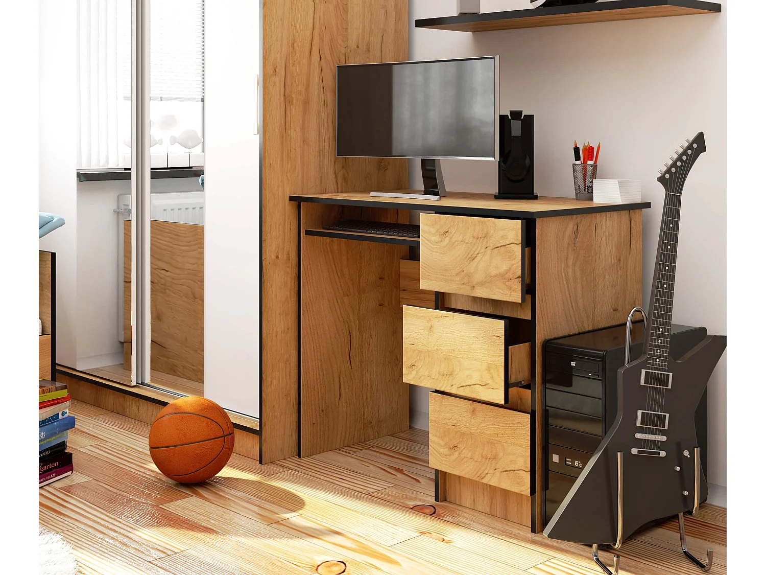 Bureau d'ordinateur AKORD droit A6 Chêne Craft 90 cm 3 tiroirs façade Chêne Craft 1 étagère 90x50x77 cm