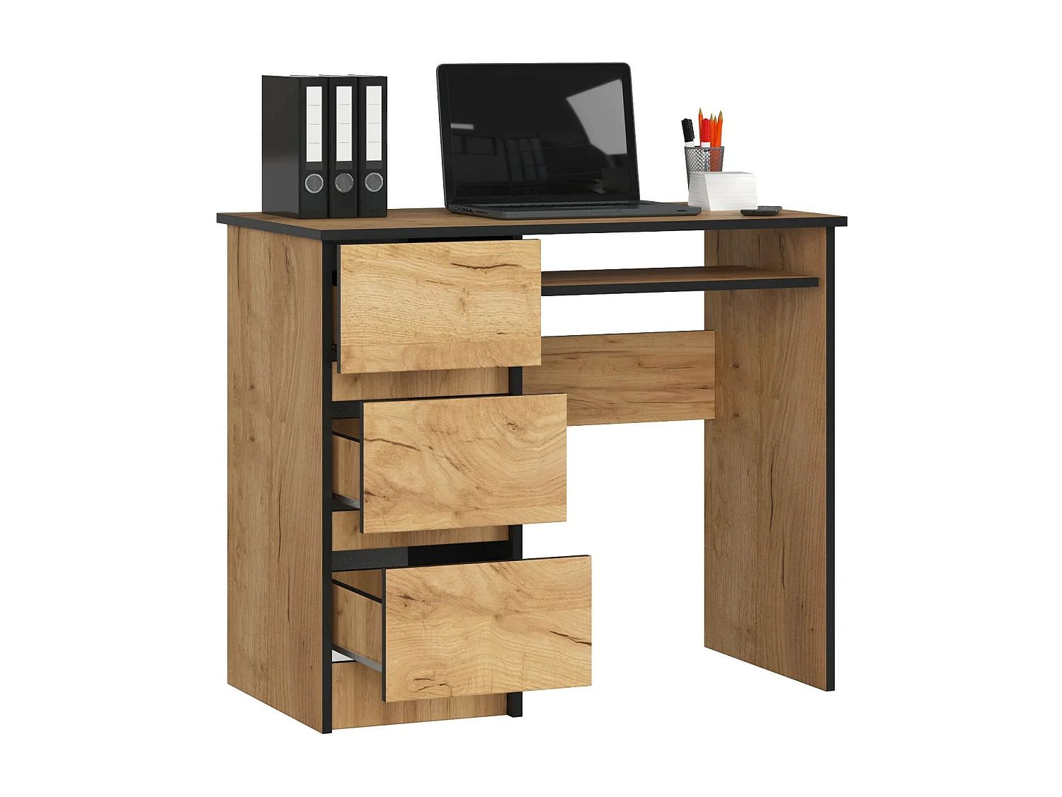 Bureau d'ordinateur AKORD gauche A6 Chêne Craft 90 cm 3 tiroirs façade Chêne Craft 1 étagère 90x50x77 cm