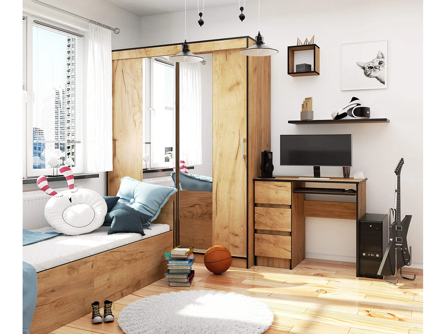 Bureau d'ordinateur AKORD gauche A6 Chêne Craft 90 cm 3 tiroirs façade Chêne Craft 1 étagère 90x50x77 cm