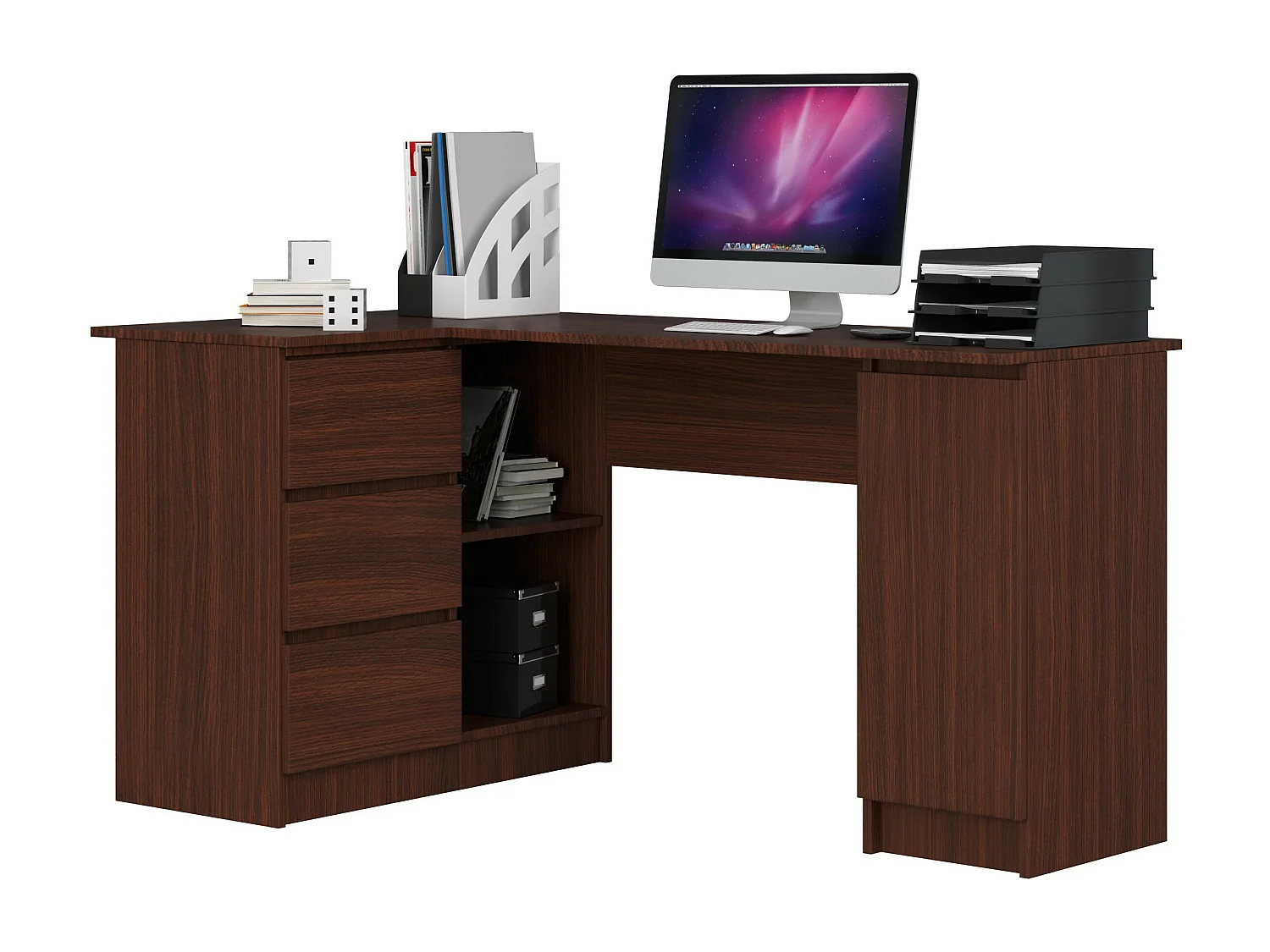 Grand bureau d'angle AKORD gauche B20 Wengé 155 cm 1 porte 3 tiroirs façade Wengé 4 étagères 155x85x77 cm