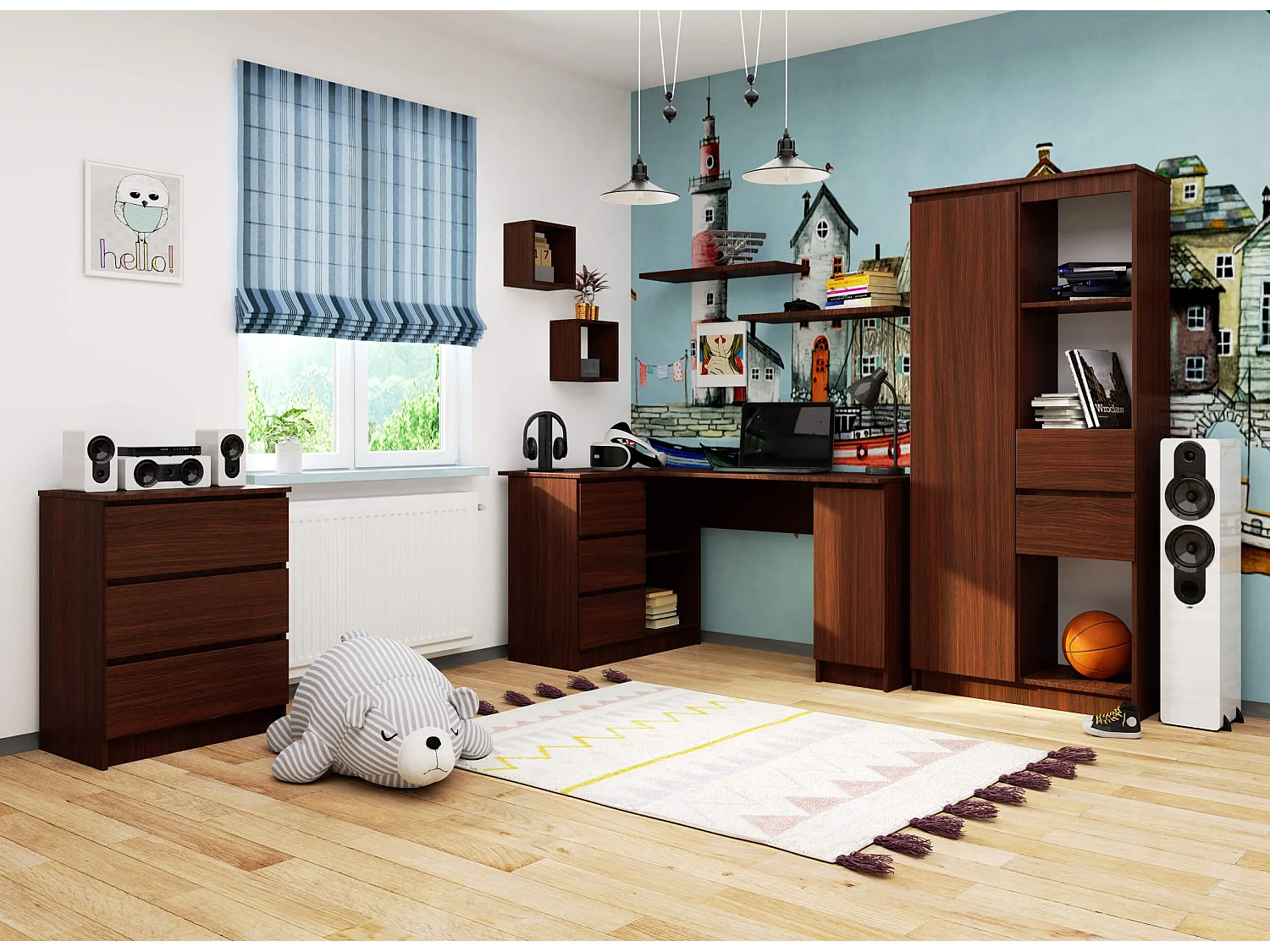 Grand bureau d'angle AKORD gauche B20 Wengé 155 cm 1 porte 3 tiroirs façade Wengé 4 étagères 155x85x77 cm