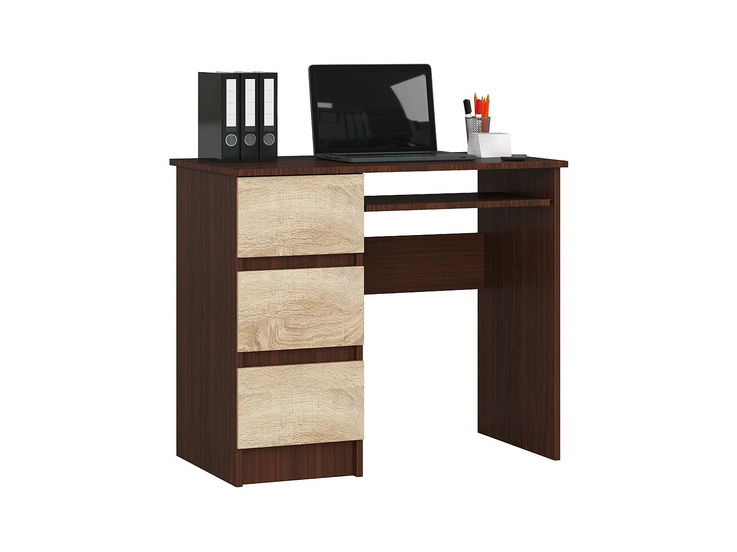 Bureau d'ordinateur AKORD gauche A6 Wengé 90 cm 3 tiroirs façade Chêne Sonoma 1 étagère 90x50x77 cm