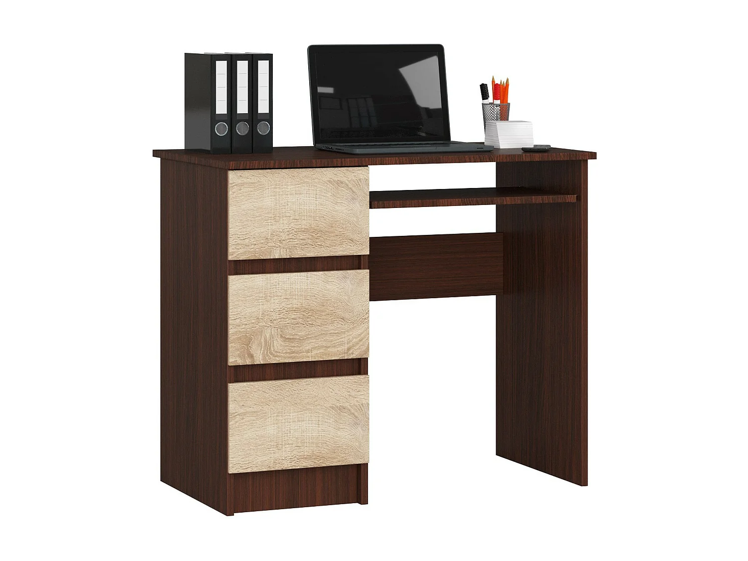 Bureau d'ordinateur AKORD gauche A6 Wengé 90 cm 3 tiroirs façade Chêne Sonoma 1 étagère 90x50x77 cm