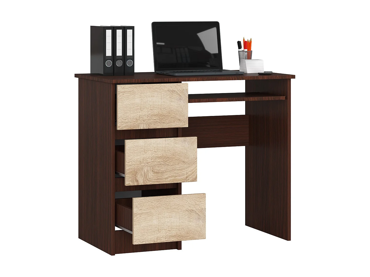 Bureau d'ordinateur AKORD gauche A6 Wengé 90 cm 3 tiroirs façade Chêne Sonoma 1 étagère 90x50x77 cm
