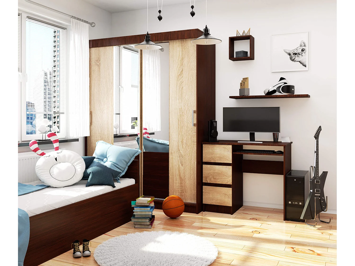 Bureau d'ordinateur AKORD gauche A6 Wengé 90 cm 3 tiroirs façade Chêne Sonoma 1 étagère 90x50x77 cm