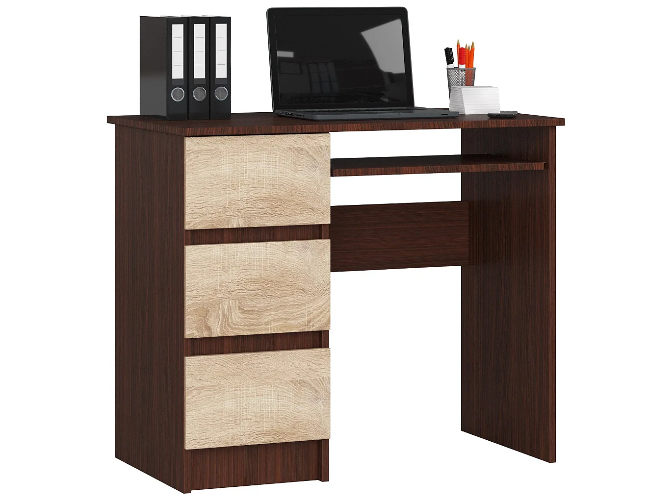 Bureau d'ordinateur AKORD gauche A6 Wengé 90 cm 3 tiroirs façade Chêne Sonoma 1 étagère 90x50x77 cm