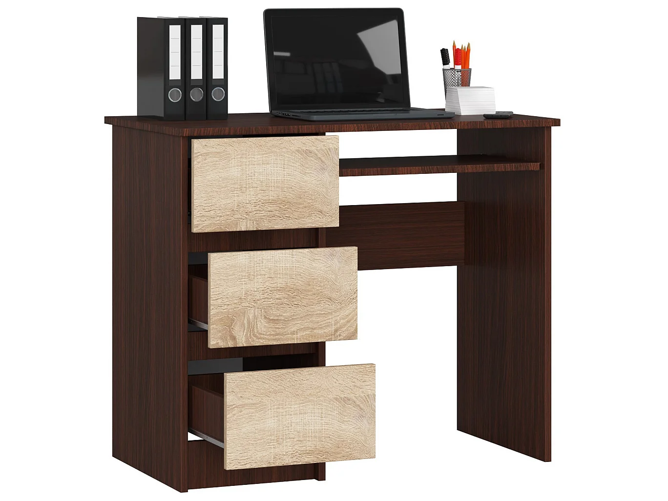 Bureau d'ordinateur AKORD gauche A6 Wengé 90 cm 3 tiroirs façade Chêne Sonoma 1 étagère 90x50x77 cm
