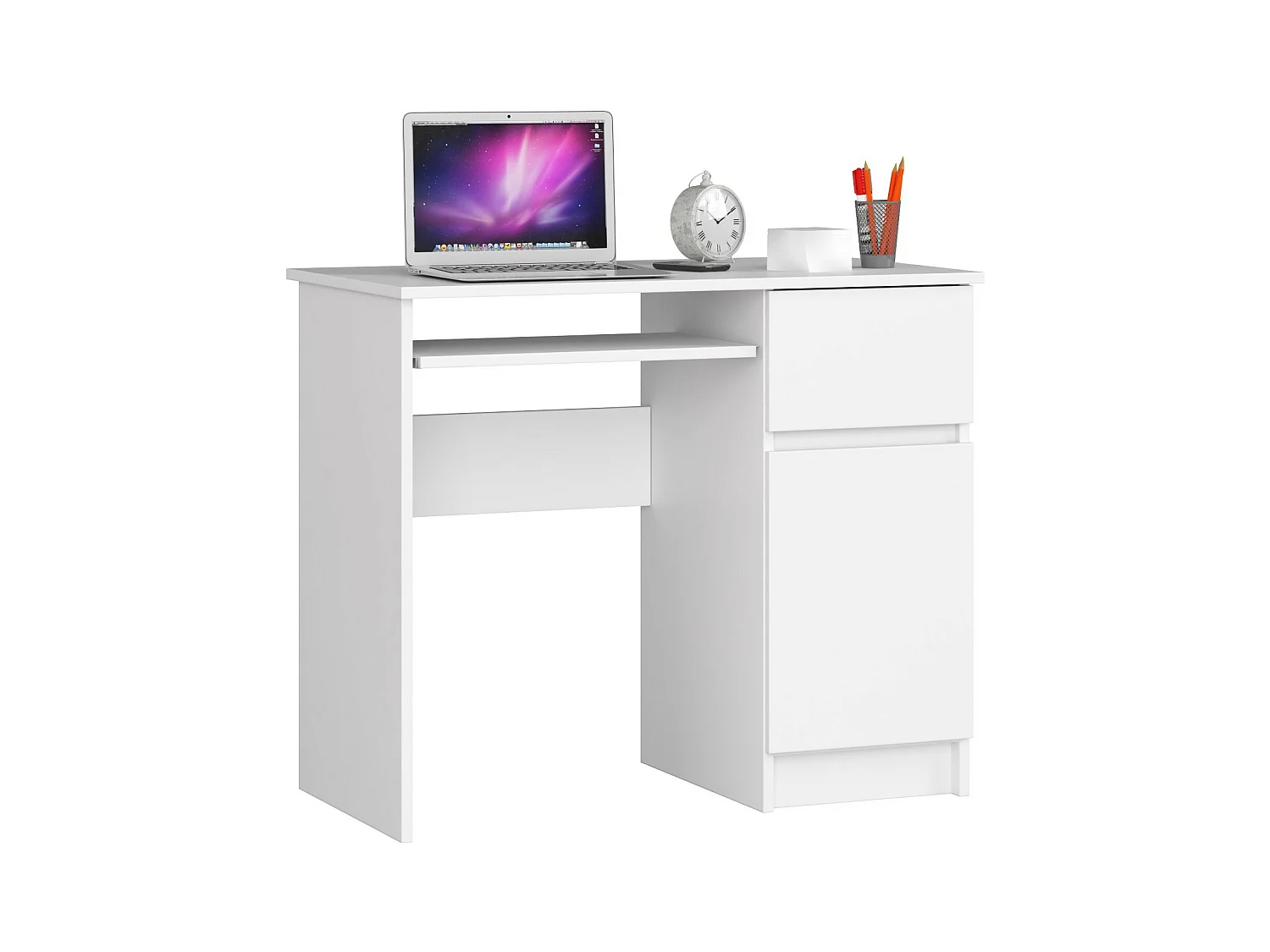 Bureau d'ordinateur AKORD droit PIKSEL Blanc 90 cm 1 porte 1 tiroir façade Blanche 3 étagères 90x50x77 cm