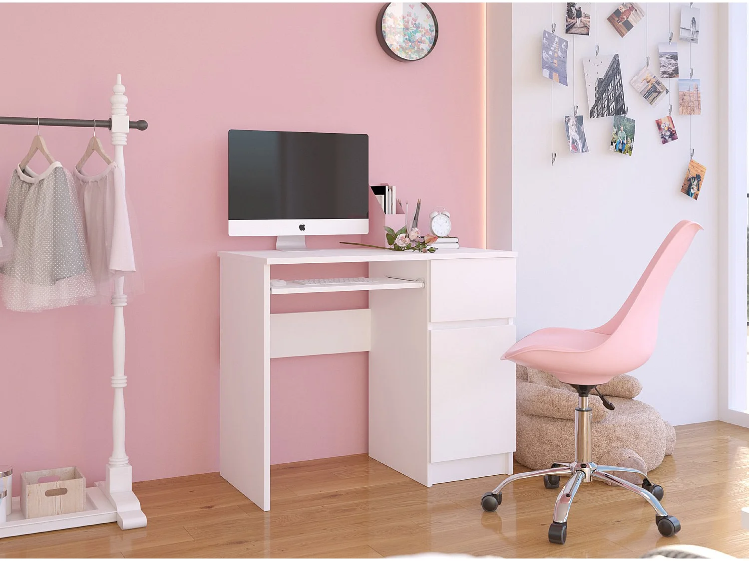 Bureau d'ordinateur AKORD droit PIKSEL Blanc 90 cm 1 porte 1 tiroir façade Blanche 3 étagères 90x50x77 cm