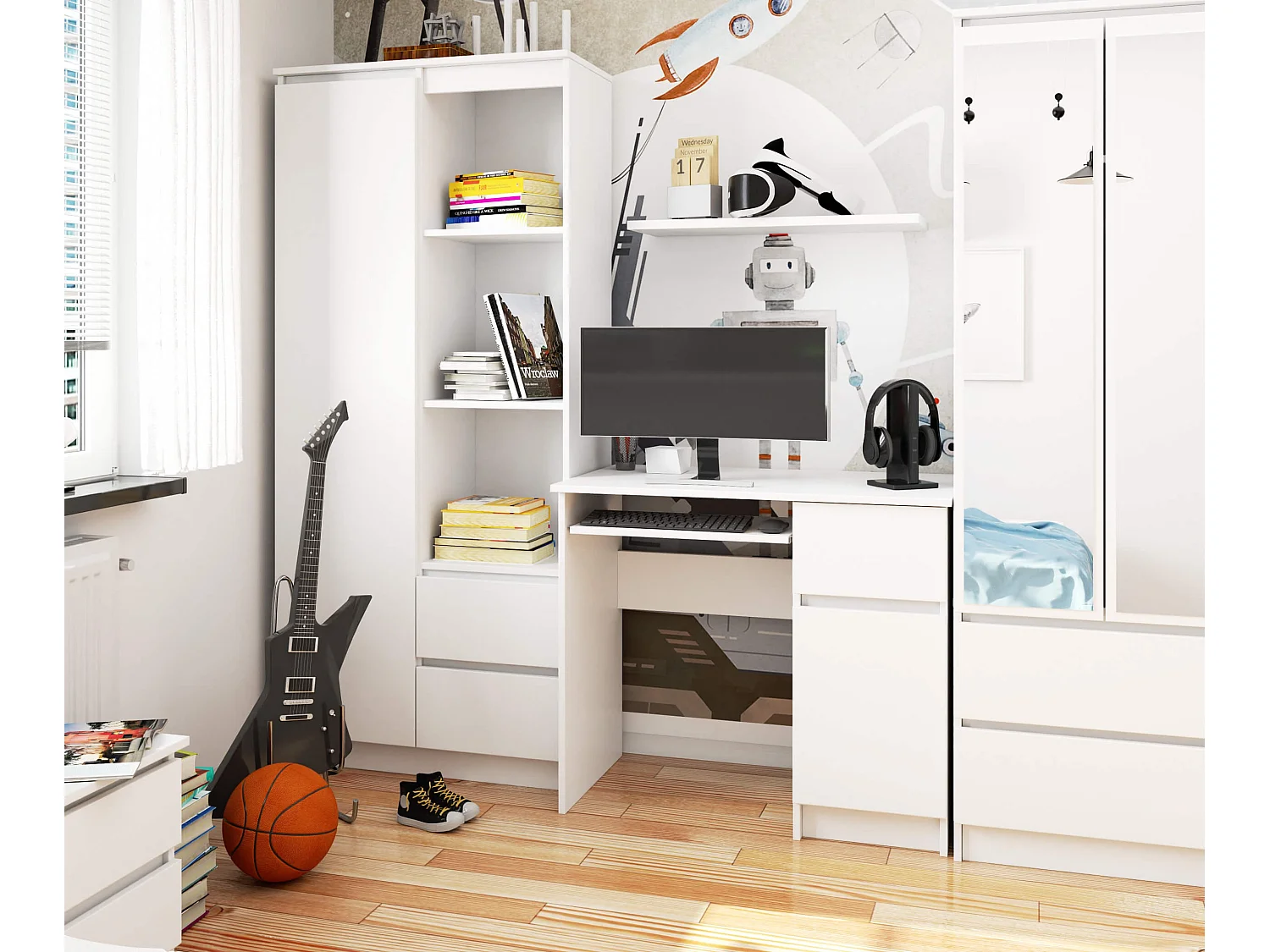 Bureau d'ordinateur AKORD droit PIKSEL Blanc 90 cm 1 porte 1 tiroir façade Blanche 3 étagères 90x50x77 cm