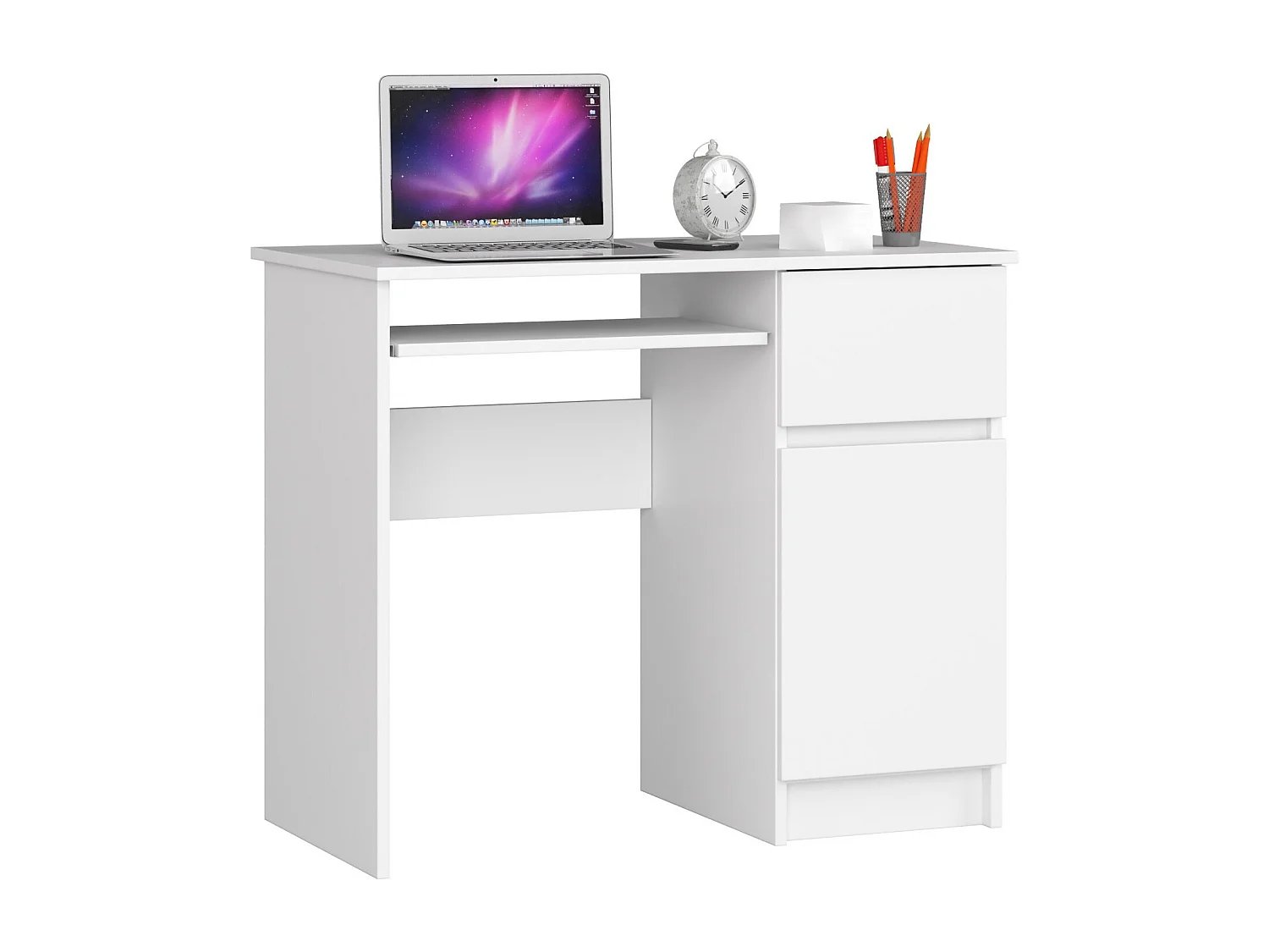 Bureau d'ordinateur AKORD droit PIKSEL Blanc 90 cm 1 porte 1 tiroir façade Blanche 3 étagères 90x50x77 cm