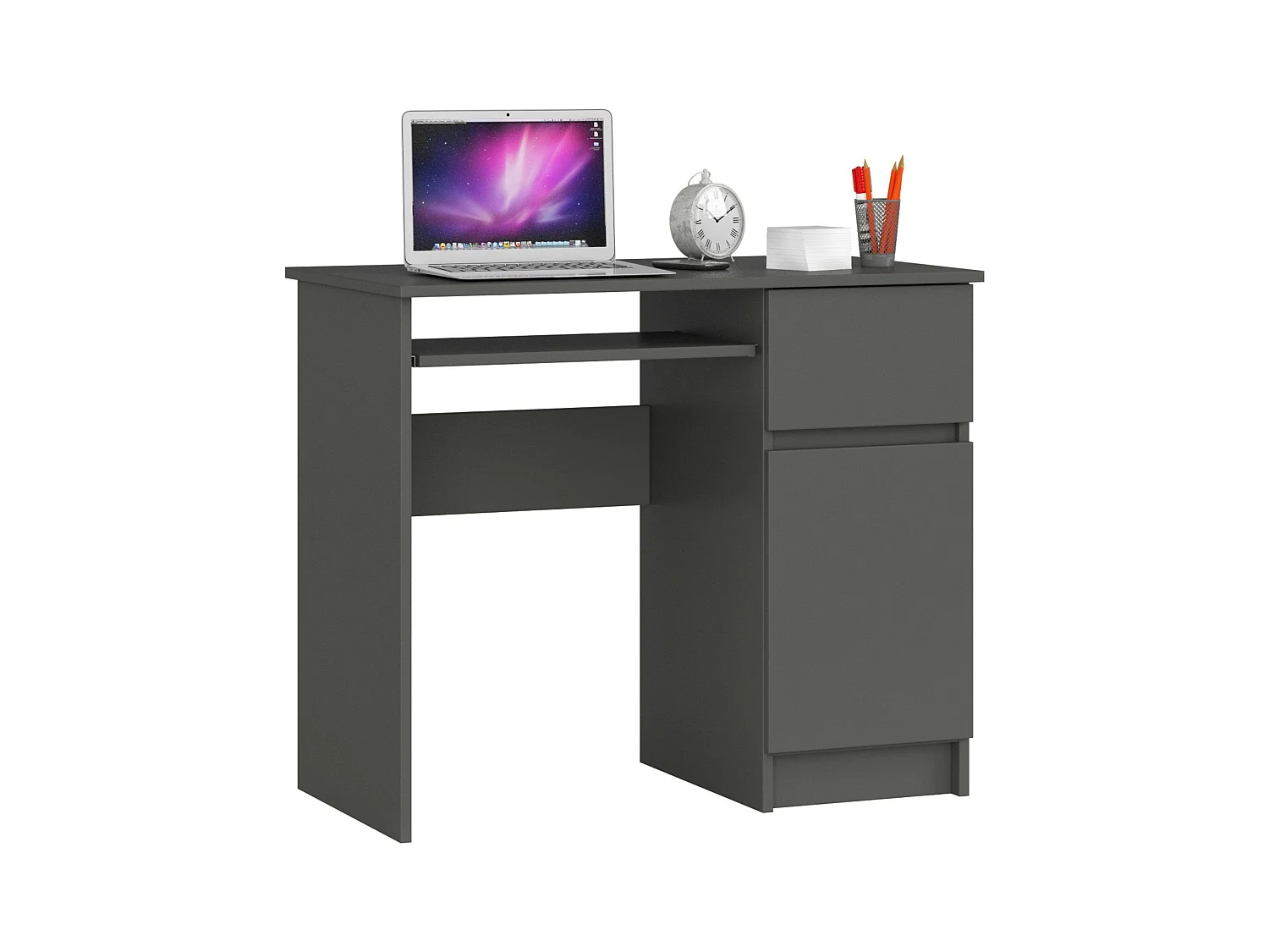 Bureau d'ordinateur AKORD droit PIKSEL Gris Graphite 90 cm 1 porte 1 tiroir façade Gris Graphite 3 étagères 90x50x77 cm