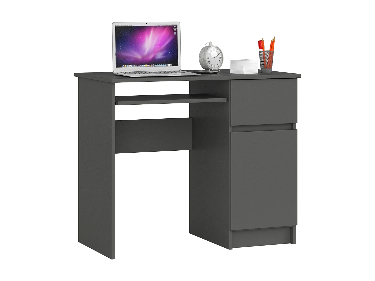 Bureau d'ordinateur AKORD droit PIKSEL Gris Graphite 90 cm 1 porte 1 tiroir façade Gris Graphite 3 étagères 90x50x77 cm